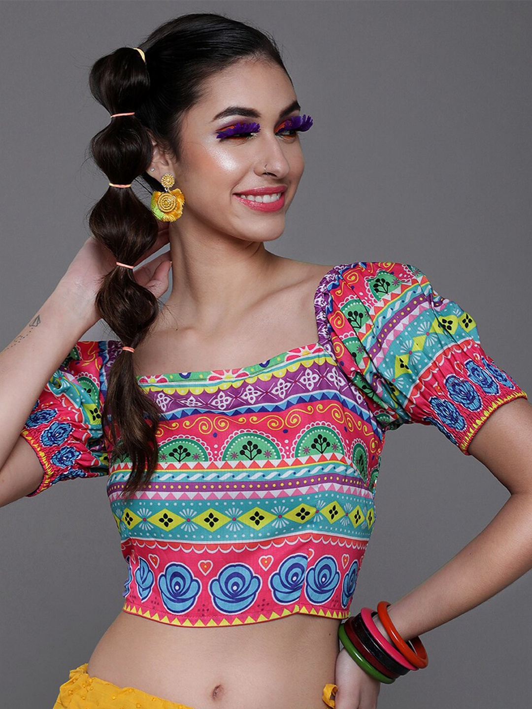

AKS Tribal Printed Puff Sleeves Smocked Crop Top, Pink