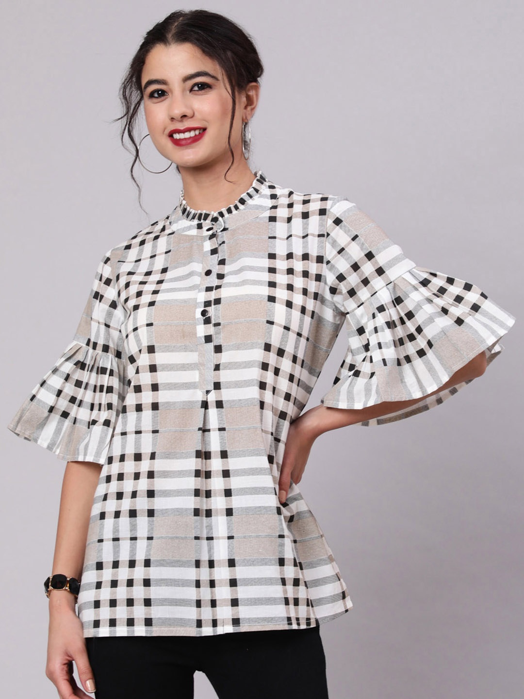 

AKS Mandarin Collar Checked Cotton Tunic, White