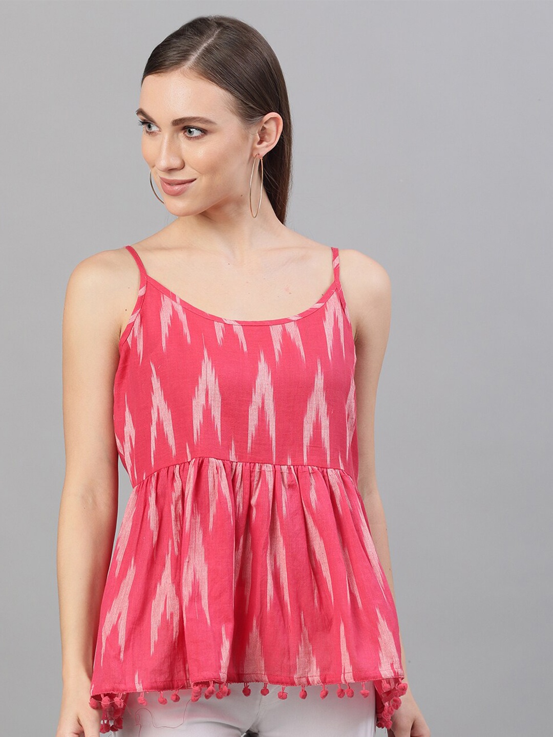 

AKS Printed Cotton Empire Top With Pom-Pom Detail, Pink