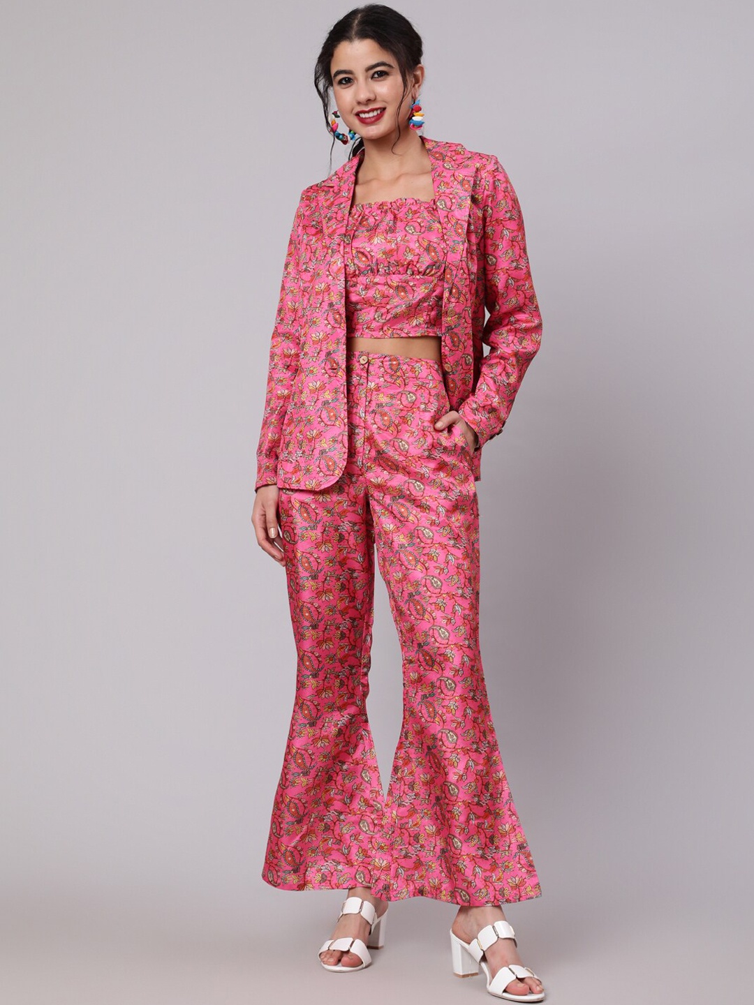 

AKS Floral Printed Shoulder Straps Top & Blazer & Trouser Co-Ords, Pink