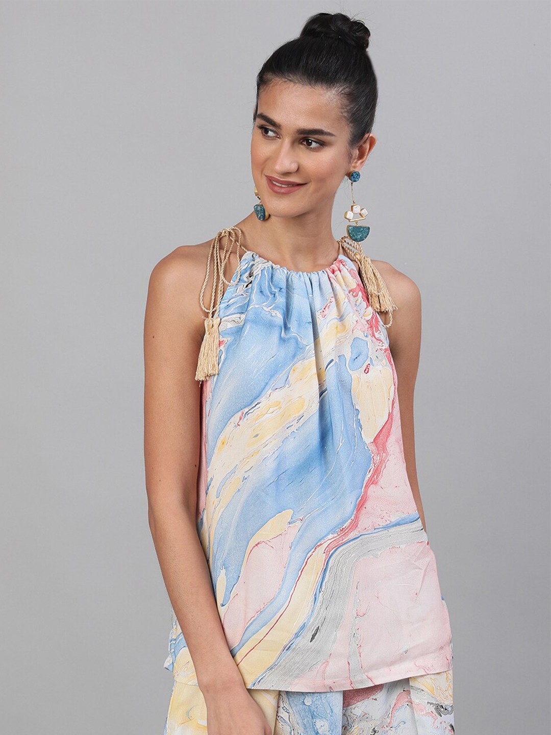 

AKS Marble Printed Halter Neck Top, Blue