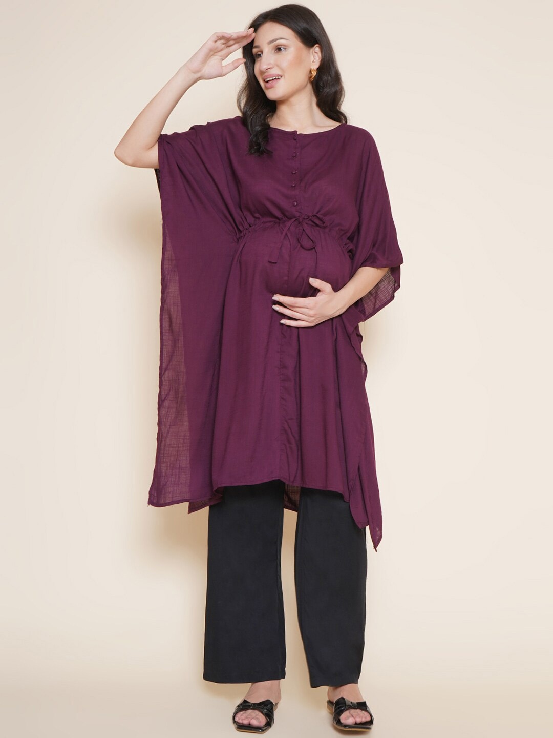 

Mine4Nine Flared Sleeves Maternity Kaftan Kurta with Trousers, Purple