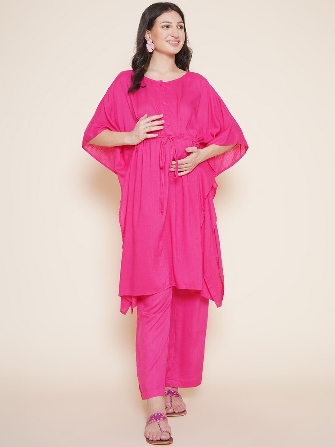 

Mine4Nine Flared Sleeves Maternity Kaftan Kurta with Trousers, Pink