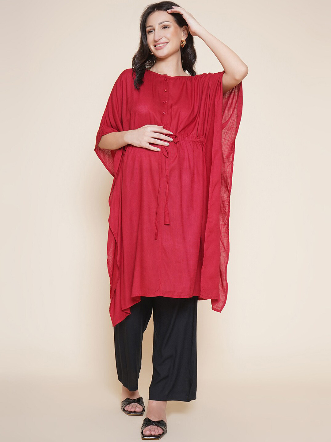 

Mine4Nine Flared Sleeves Maternity Kaftan Kurta with Trousers, Maroon