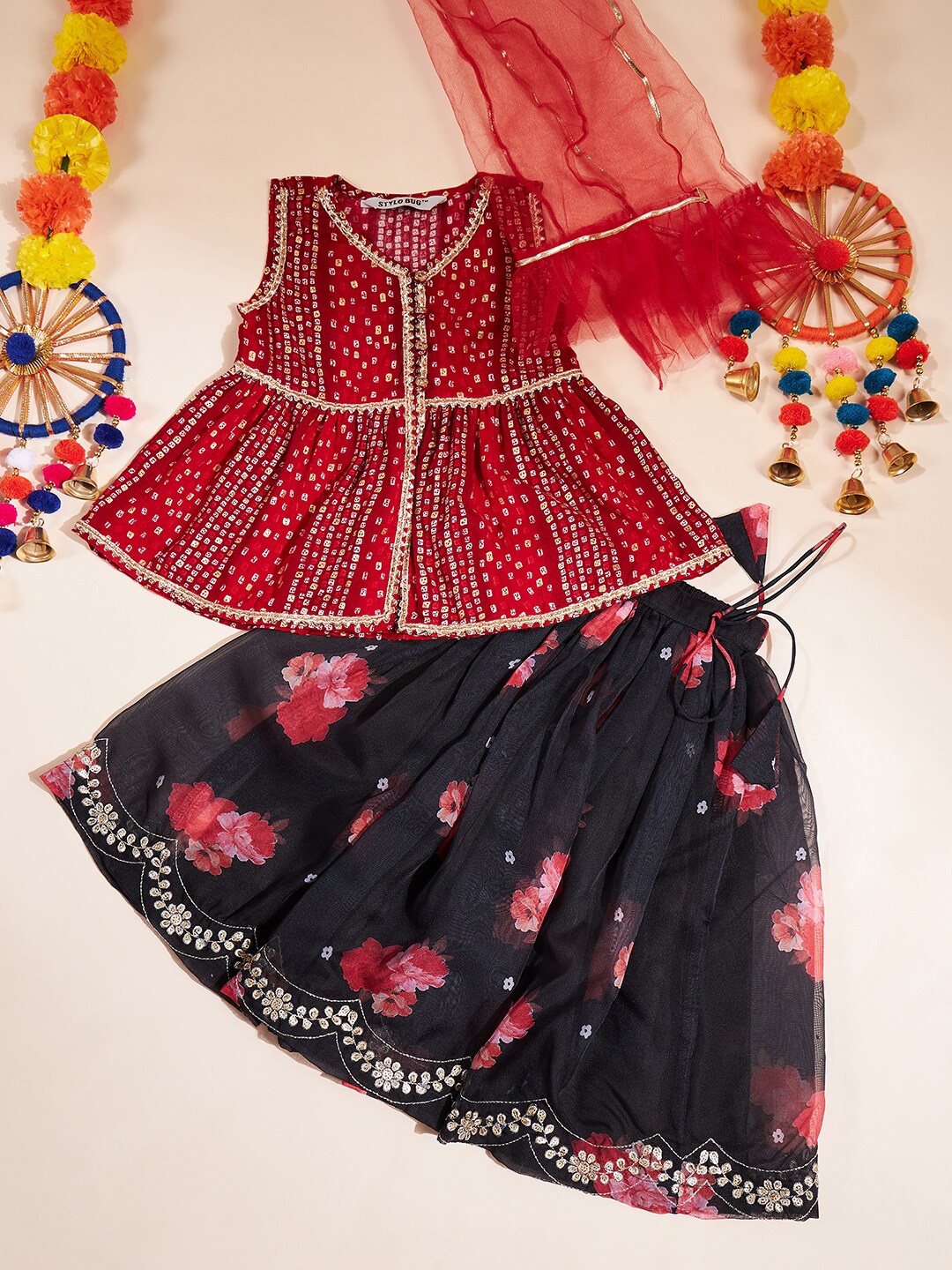 

Stylo Bug Girls Printed Ready to Wear Lehenga & Blouse With Dupatta, Red