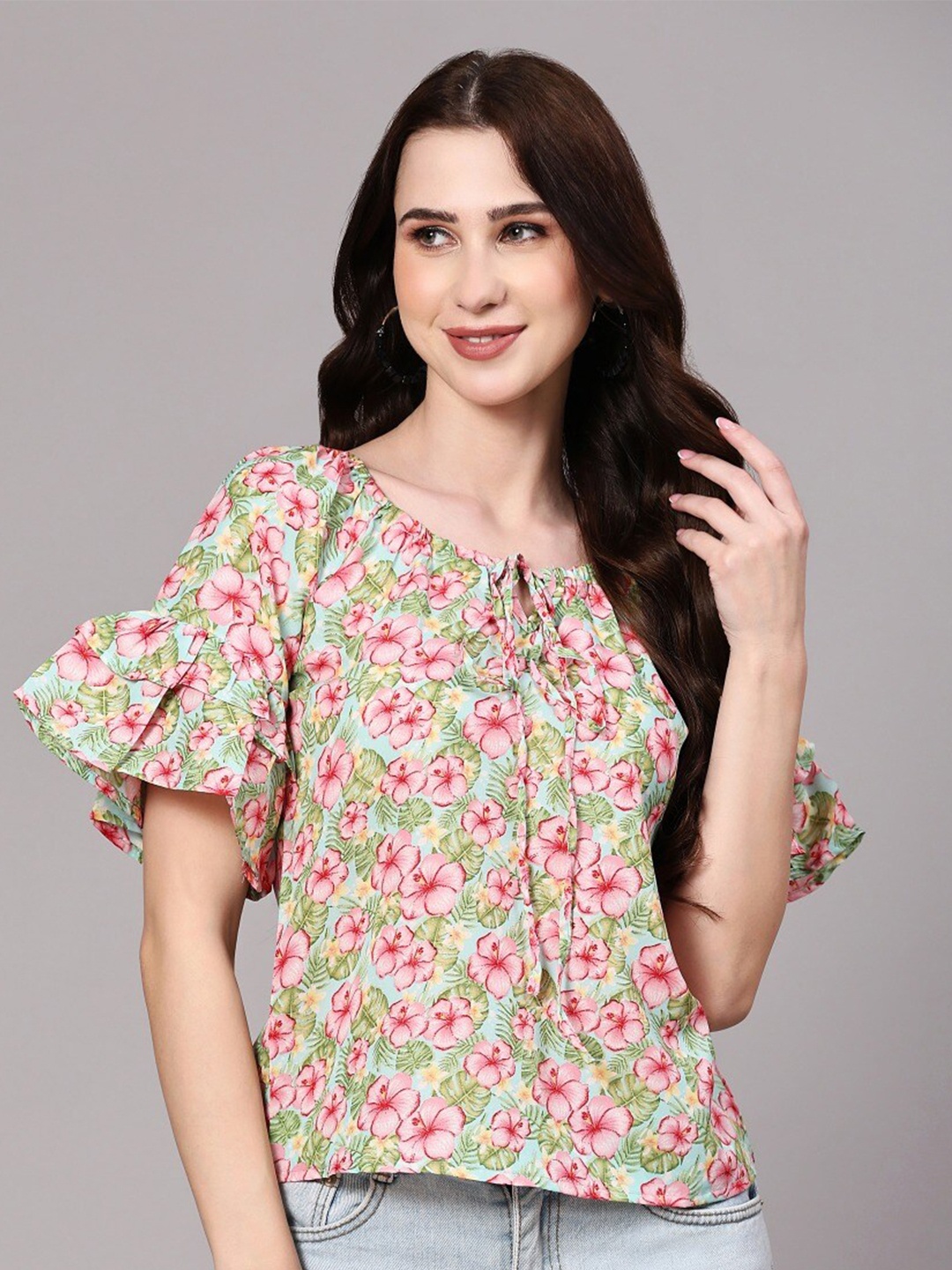 

KALINI Floral Print Bell Sleeve Top, Green