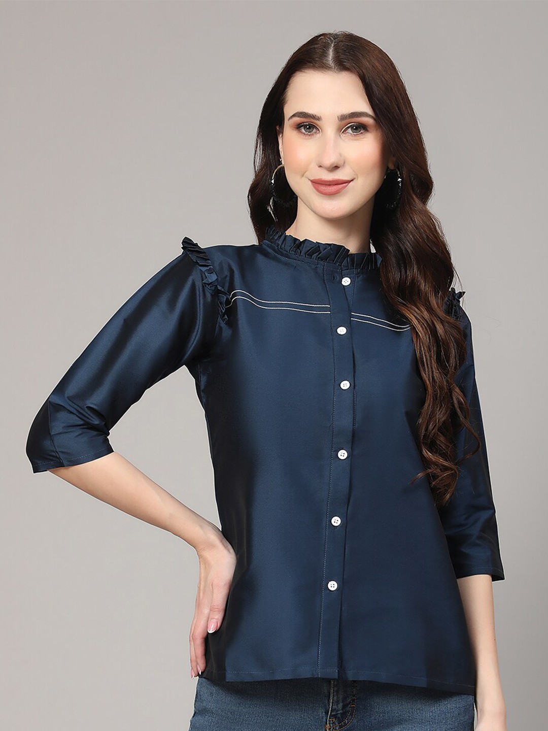 

KALINI Mandarin Collar Roll-Up Sleeves Shirt Style Top, Blue