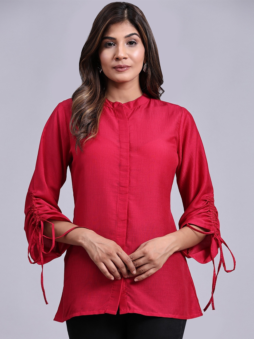 

KALINI Mandarin Collar Cotton Shirt Style Top, Pink