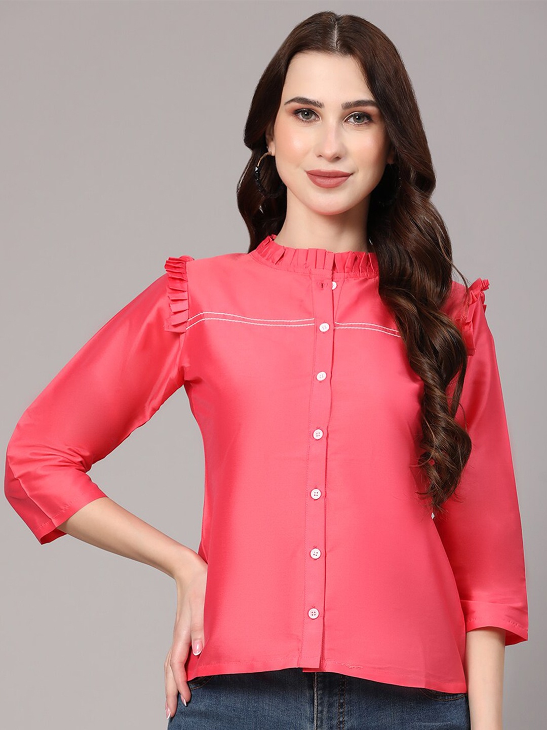 

KALINI Mandarin Collar Shirt Style Top, Red