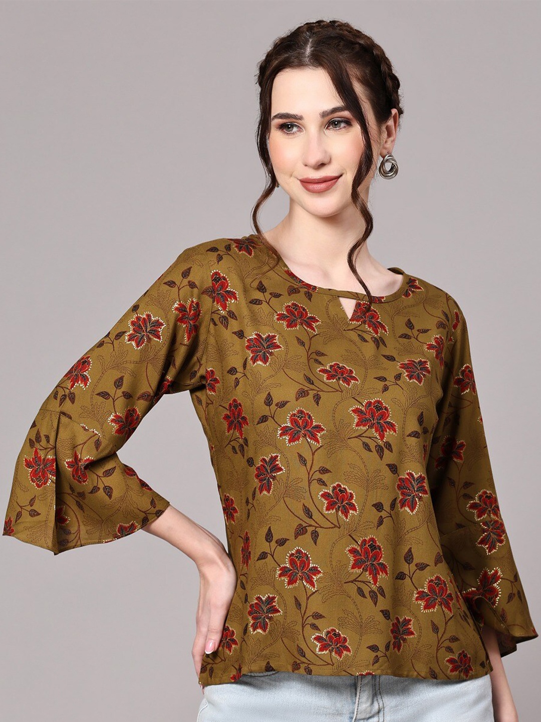 

KALINI Floral Printed Bell Sleeve Top, Brown