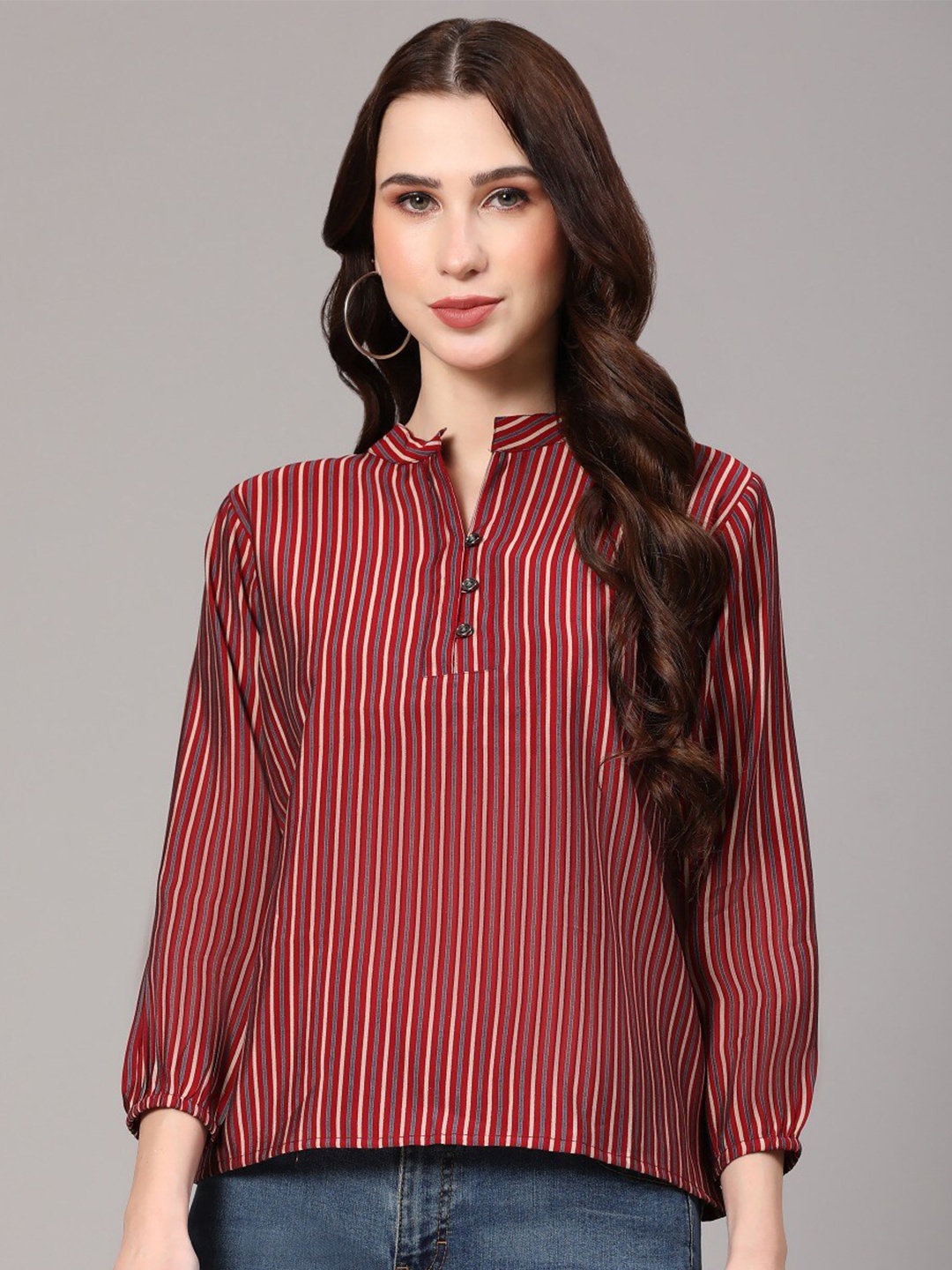 

KALINI Striped Mandarin Collar Top, Maroon