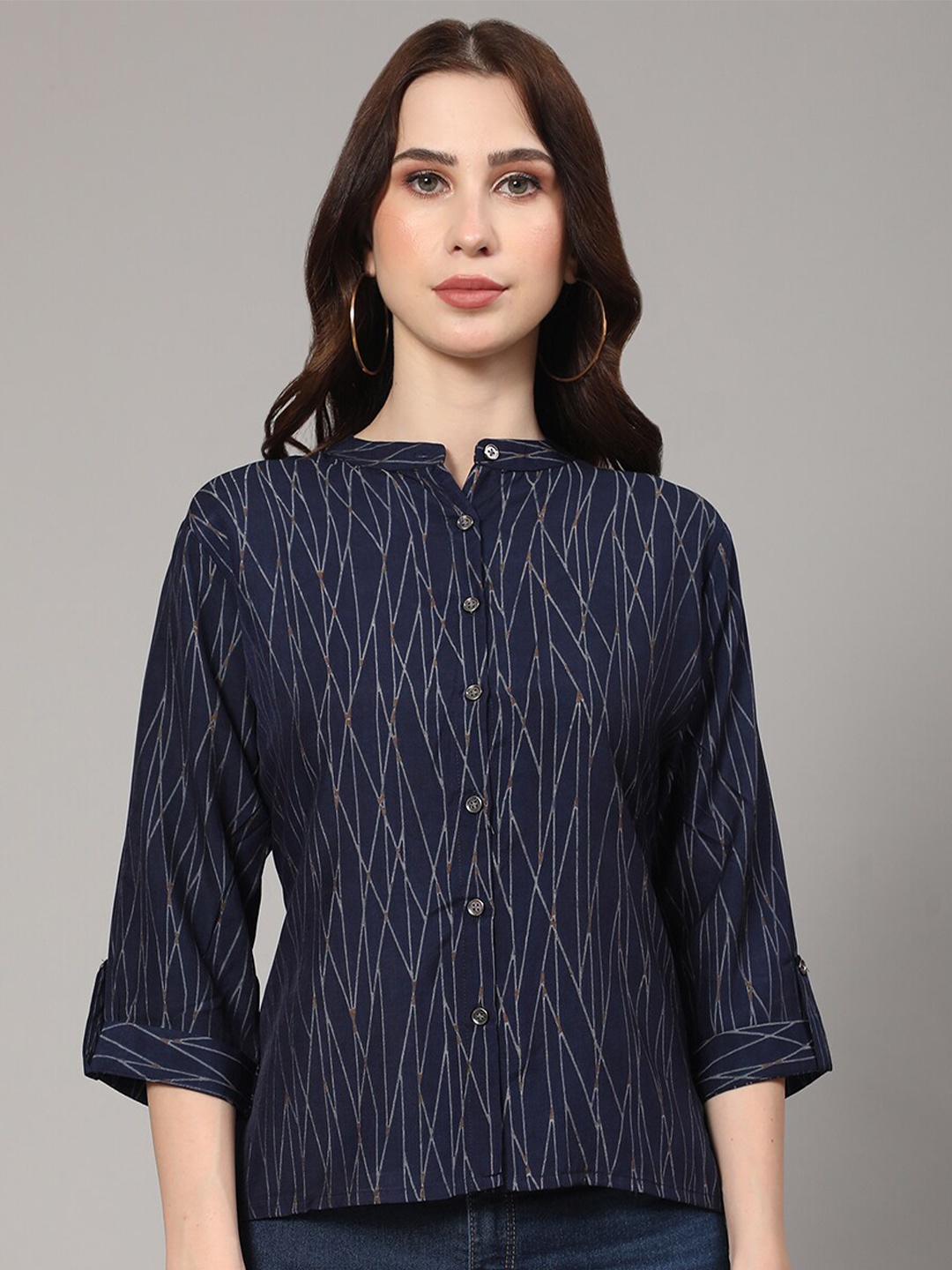 

KALINI Striped Band Collar Roll-Up Sleeves Shirt Style Top, Navy blue