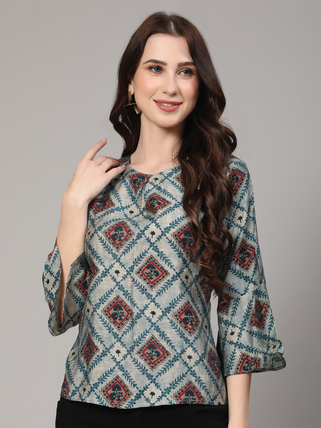 

KALINI Ethnic Motifs Printed Top, Grey