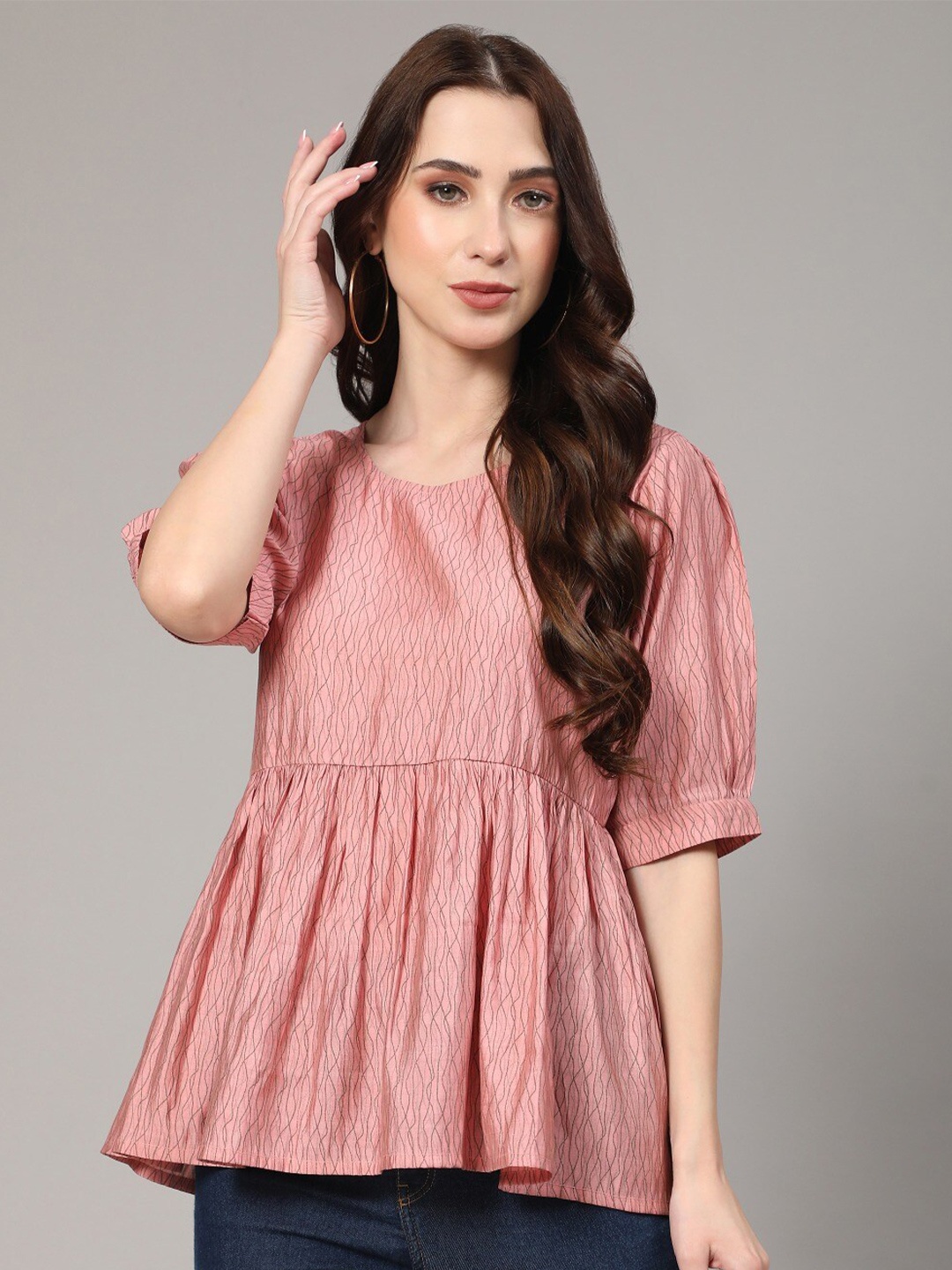

KALINI Striped Printed Puff Sleeve Peplum Top, Pink
