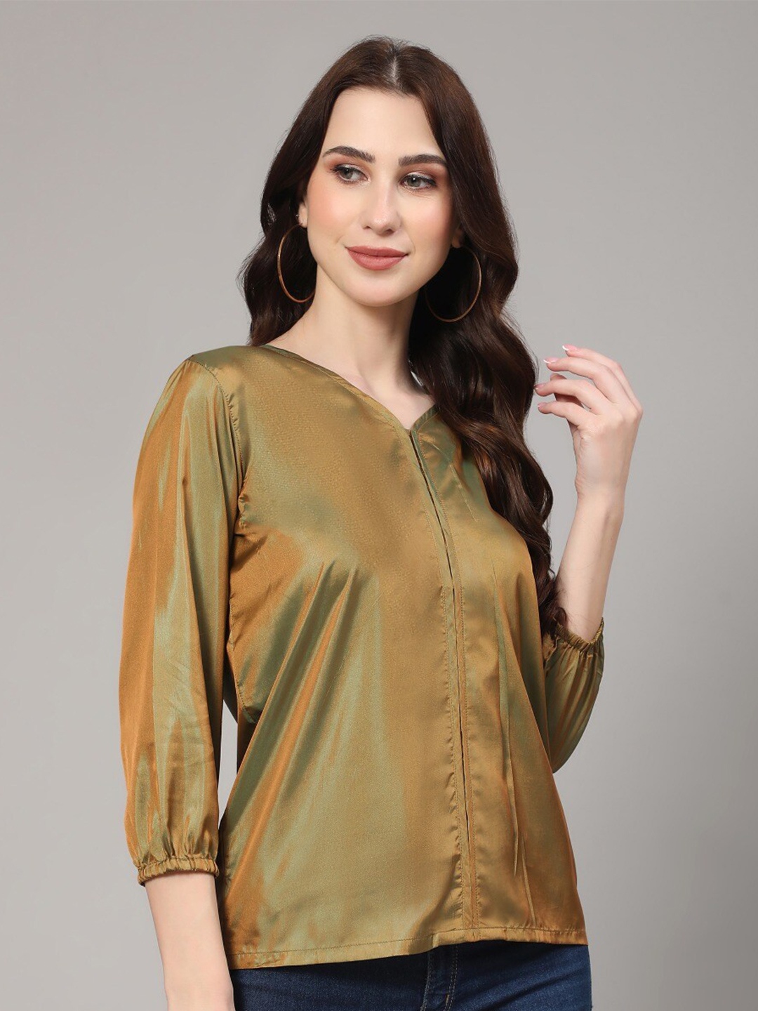 

KALINI V-Neck Puff Sleeve Top, Green