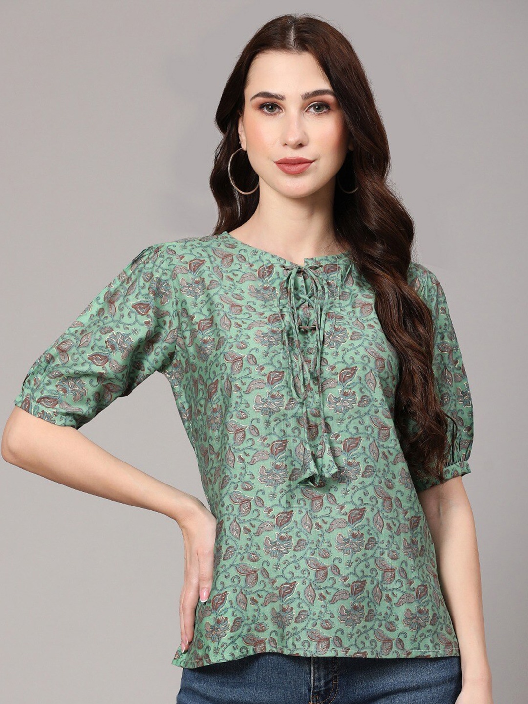 

KALINI Floral Printed Tie-Up Neck Cotton Top, Green