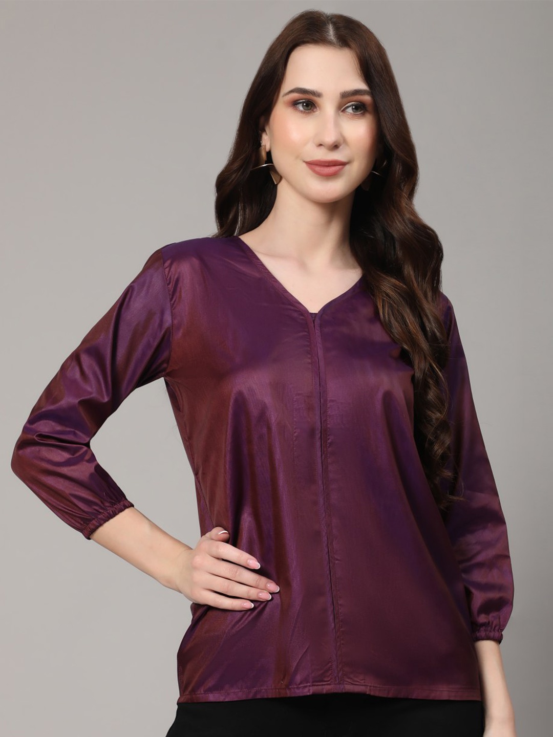 

KALINI V-Neck Puff Sleeves Top, Purple