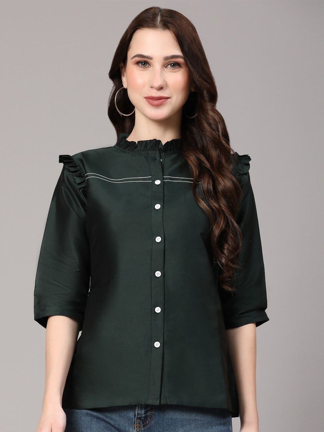 

KALINI Ruffled Mandarin Collar Shirt Style Top, Green