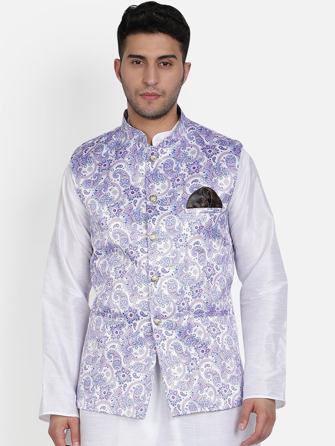 

Armaan Ethnic Mandarin Collar Ethnic Motifs Printed Satin Nehru Jacket, White