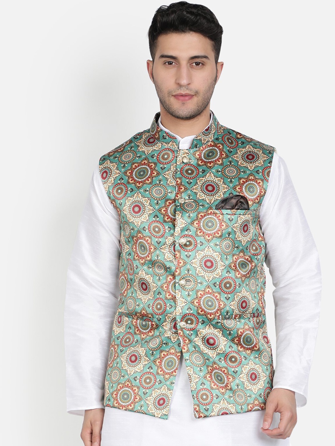 

Armaan Ethnic Mandarin Collar Ethnic Motifs Printed Nehru Jacket, Green