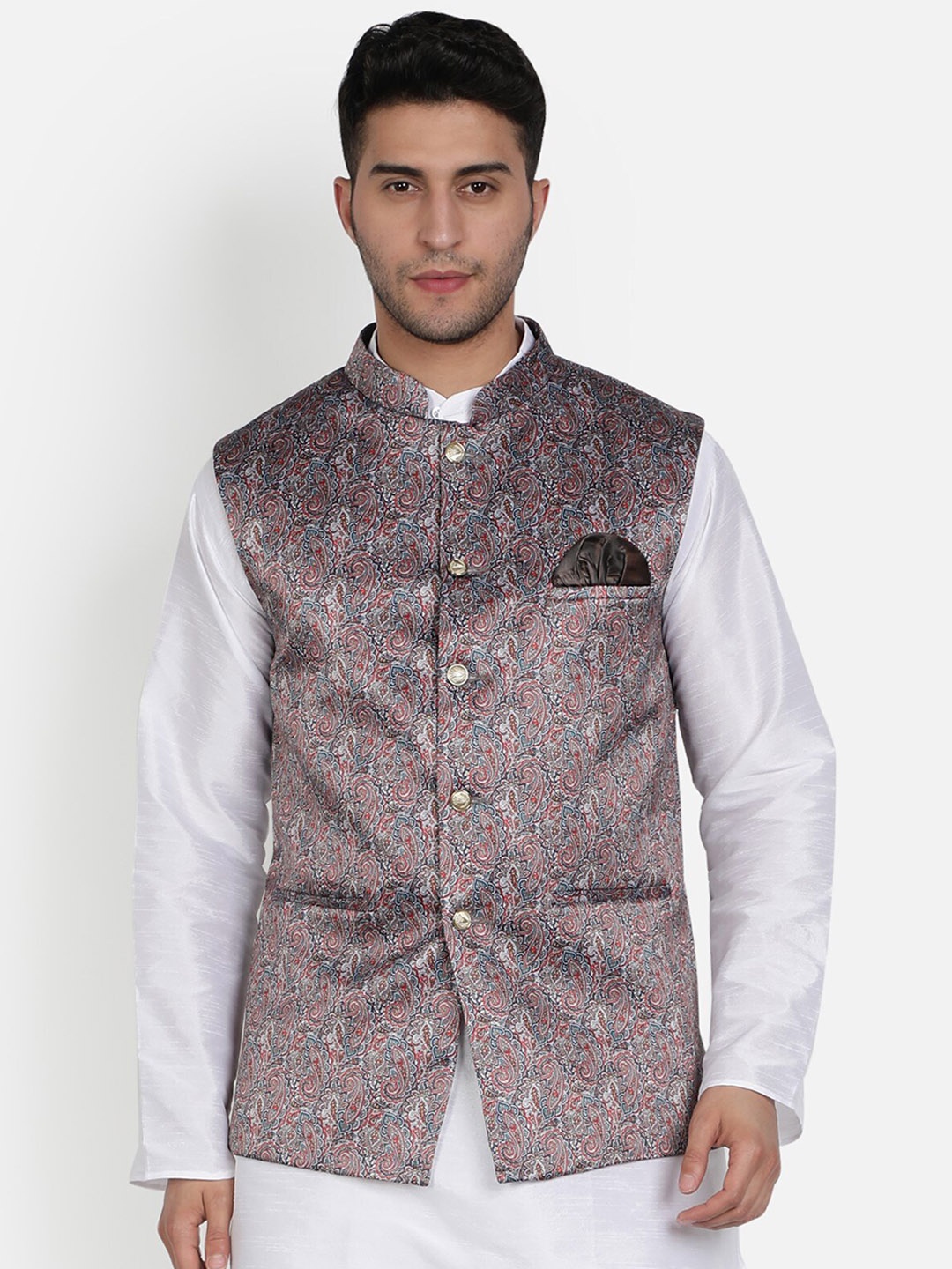 

Armaan Ethnic Mandarin Collar Ethnic Motifs Printed Nehru Jacket, Grey