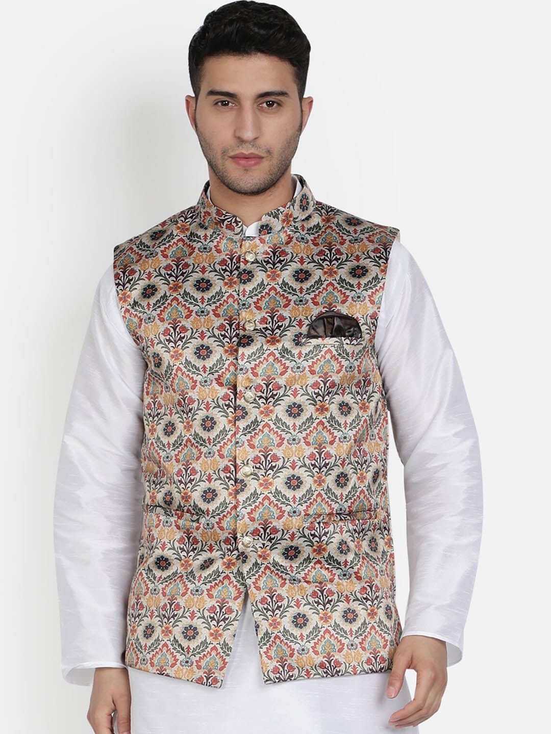 

Armaan Ethnic Mandarin Collar Ethnic Motifs Printed Nehru Jacket, Beige