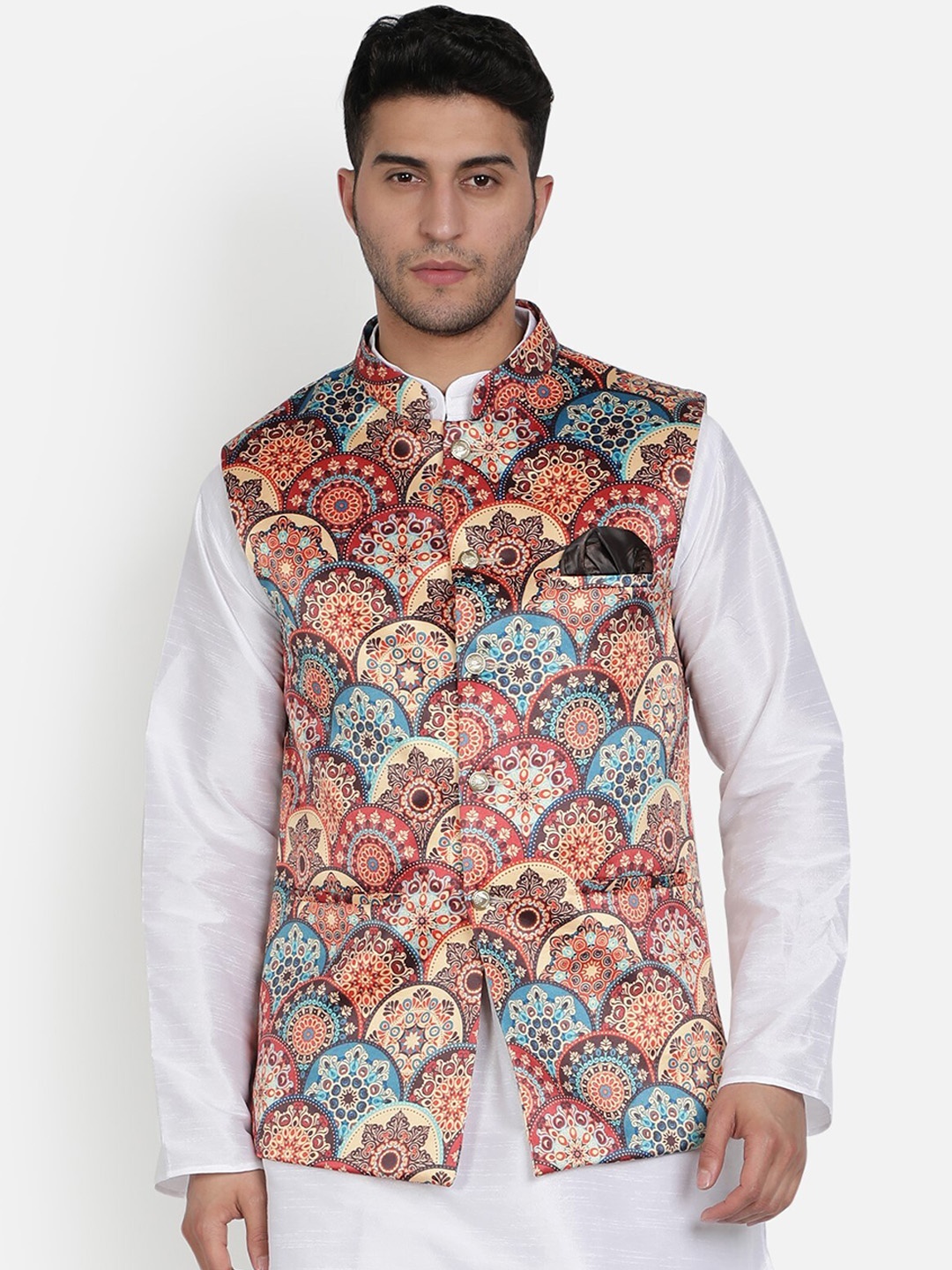 

Armaan Ethnic Mandarin Collar Ethnic Motifs Printed Satin Nehru Jacket, Red