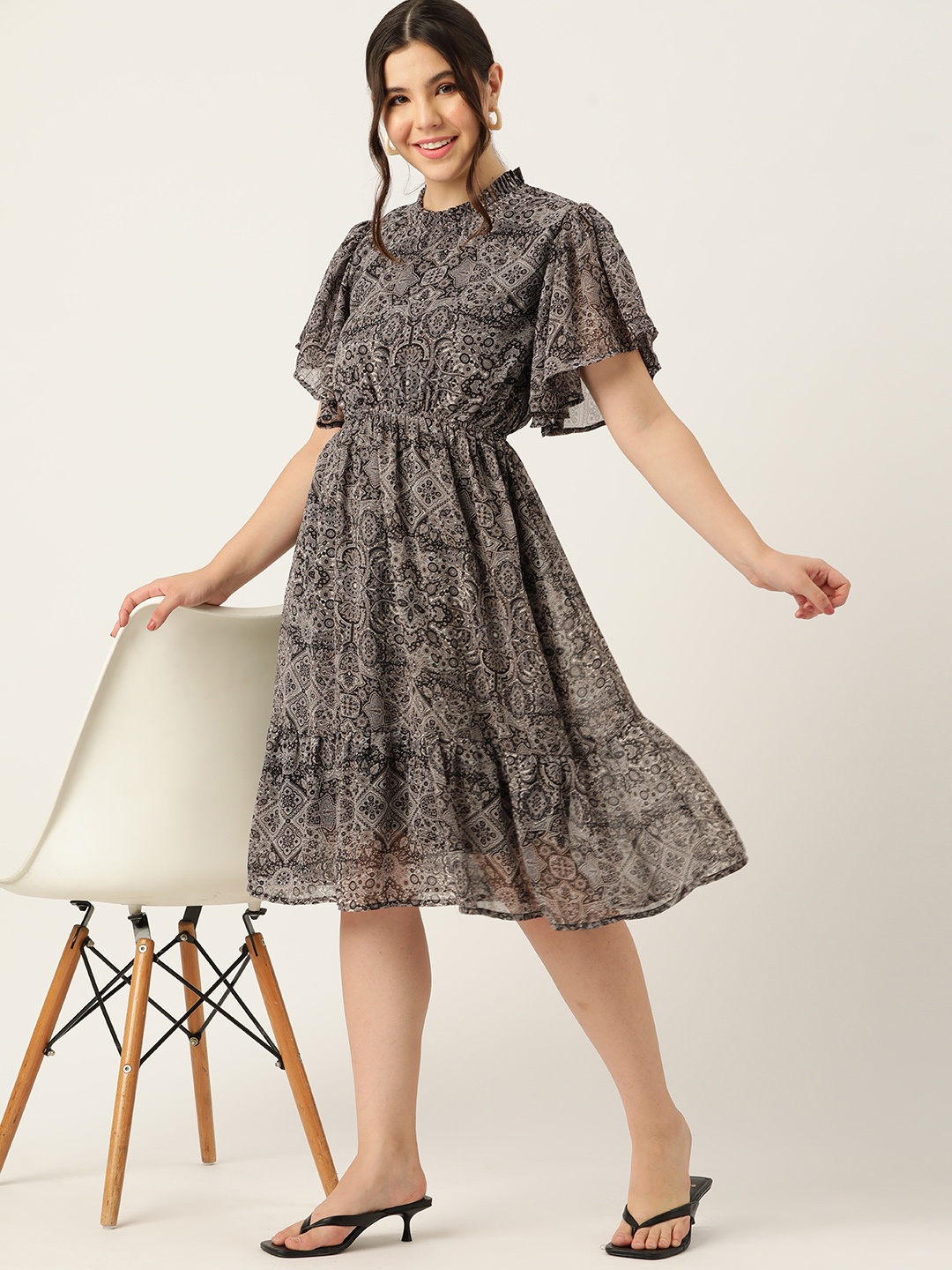 

DressBerry Ethnic Motifs Print Flared Sleeves Georgette A-Line Dress, Black