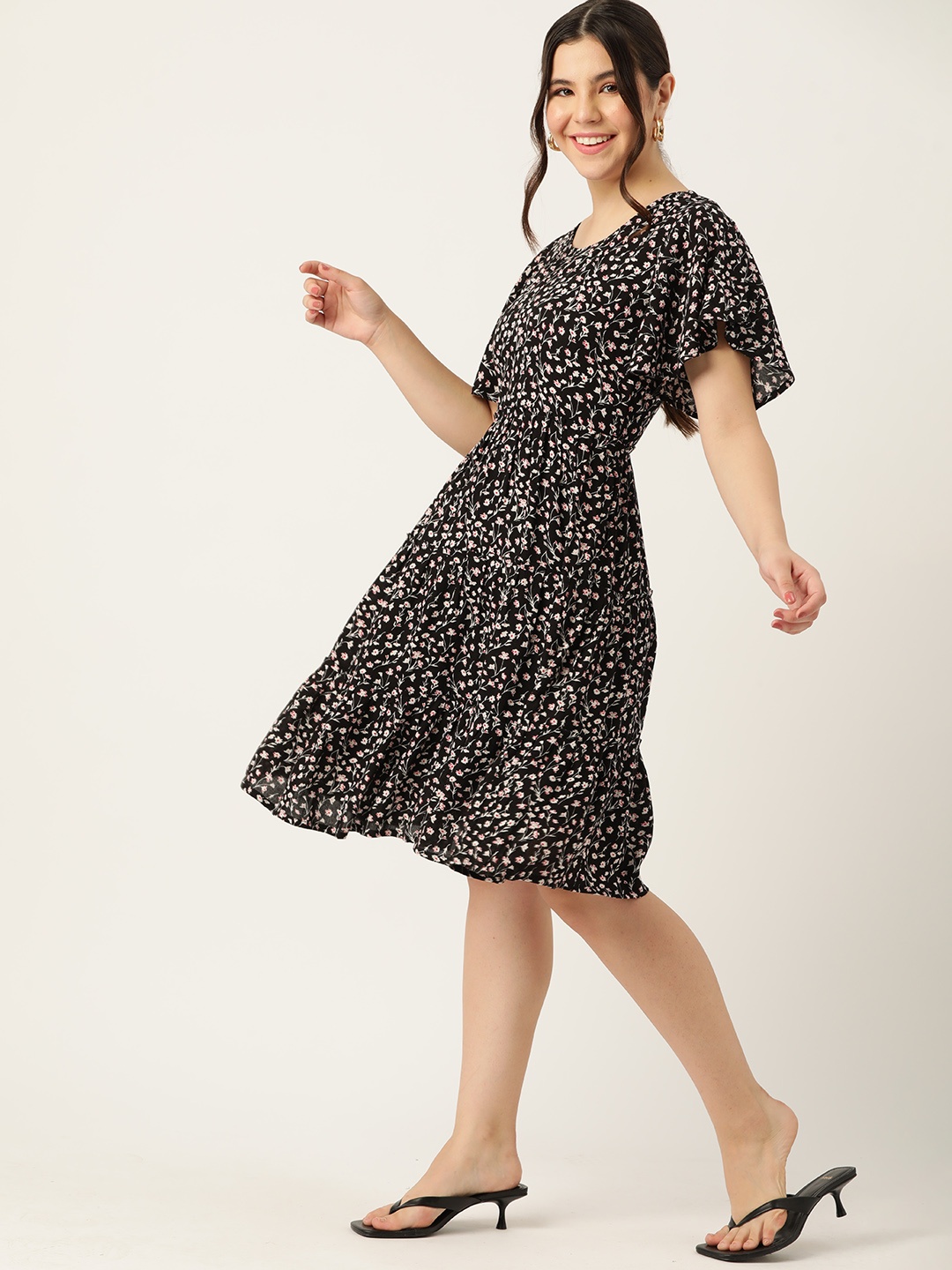 

DressBerry Floral Print Flared Sleeves A-Line Dress, Black