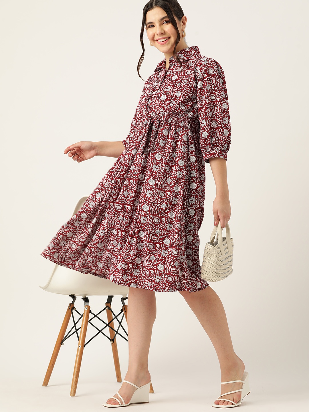 

DressBerry Floral Print Peter Pan Collar Puff Sleeves A-Line Dress, Red