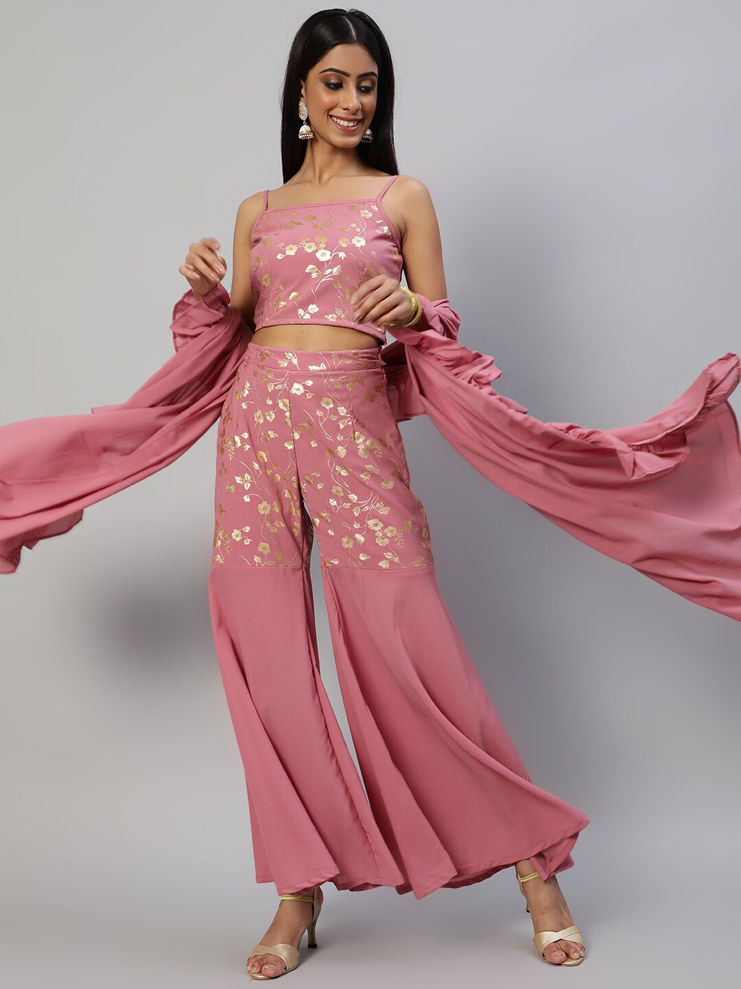 

AKS Couture Foil Printed Shoulder Straps Top WIth Palazzo & Dupatta Co-Ords, Pink
