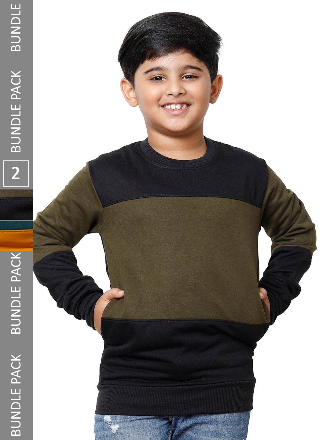 

IndiWeaves Boys Pack Of 2 Colourblocked Sweatshirt, Olive