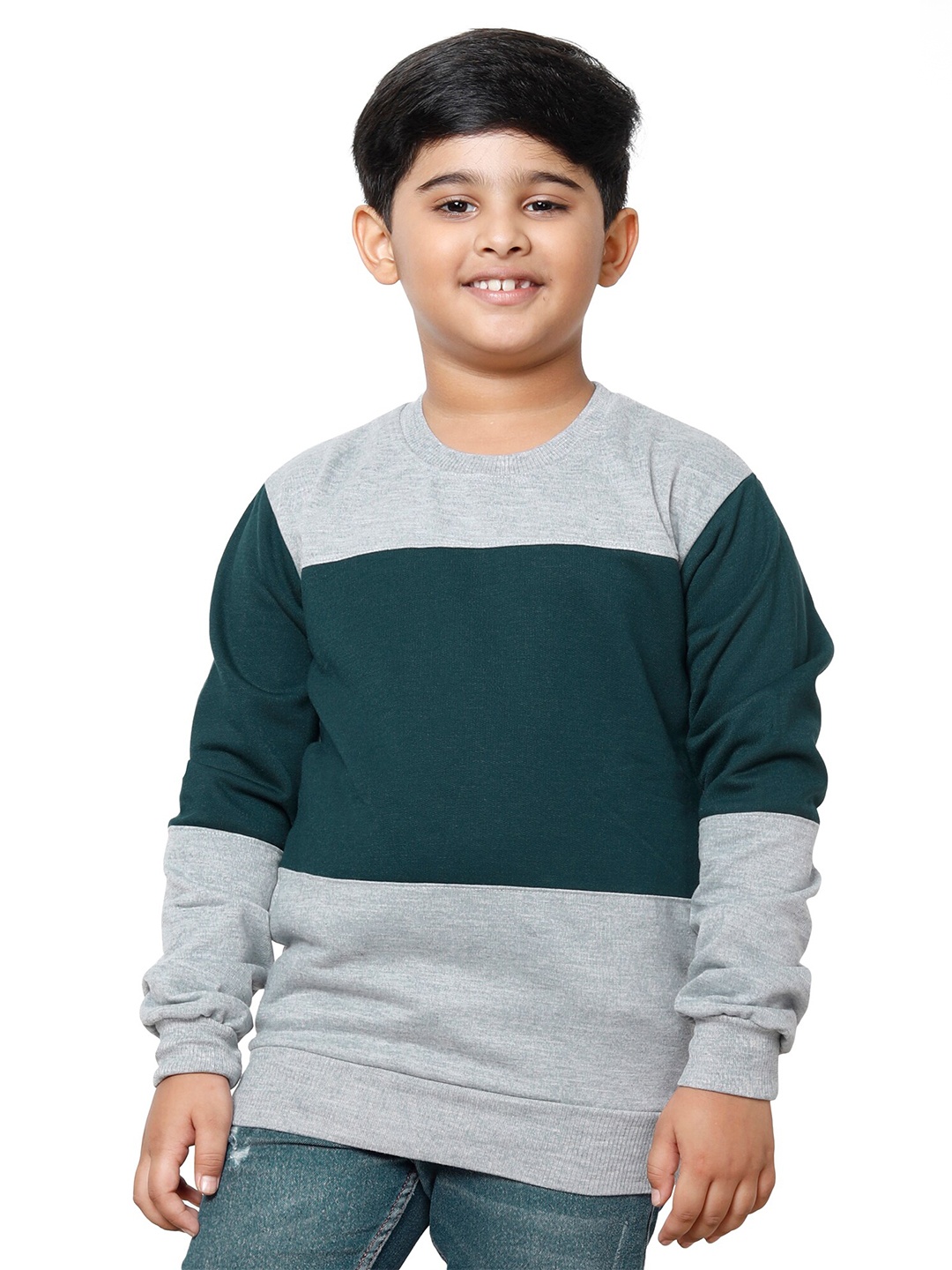 

IndiWeaves Boys Colourblocked Pullover Fleece Sweatshirt, Green