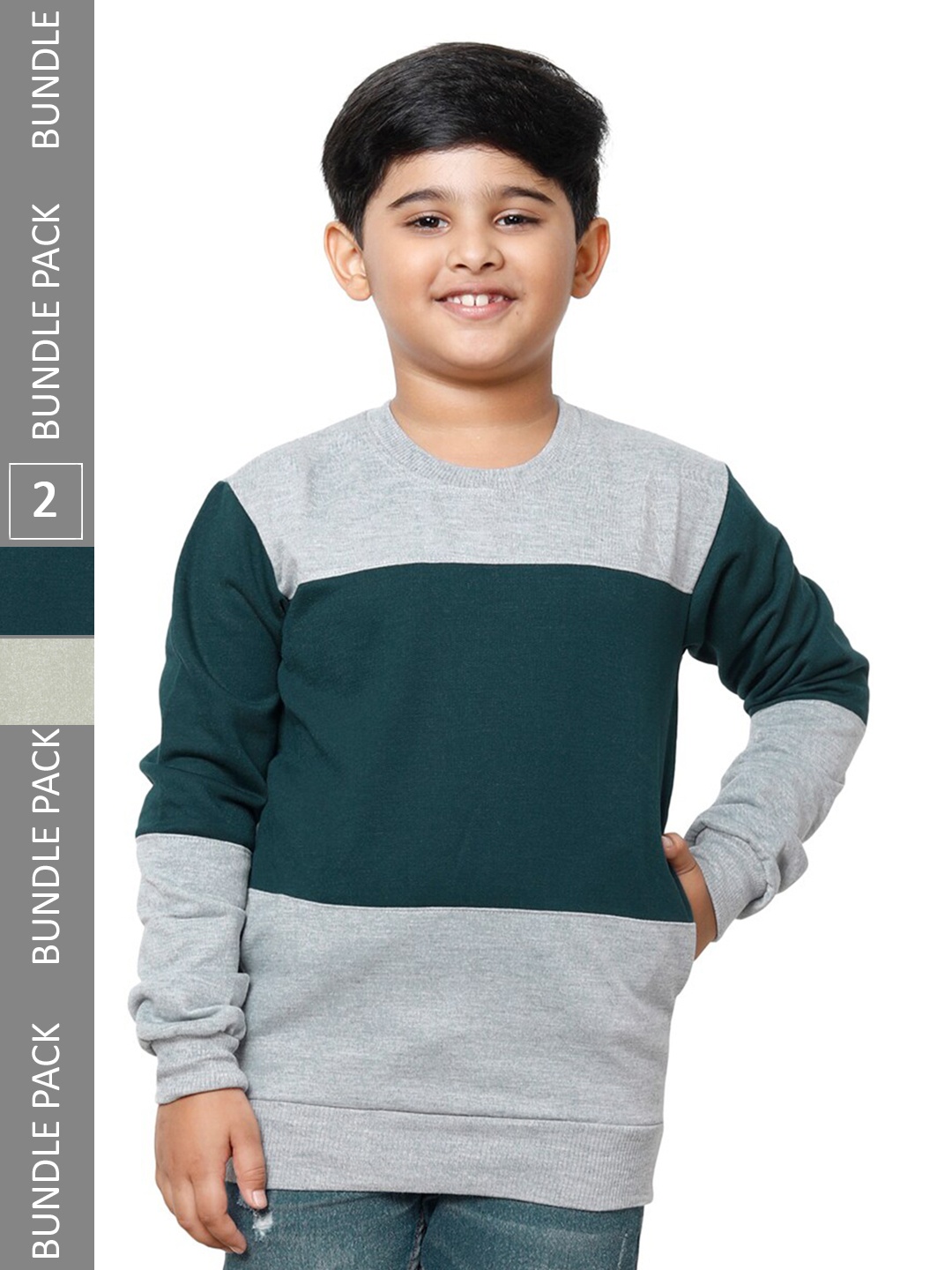 

IndiWeaves Boys Pack Of 2 Colourblocked Fleece Pullover, Green
