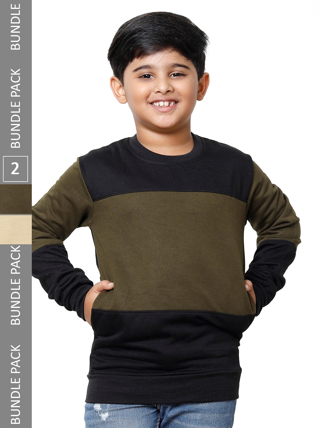 

IndiWeaves Boys Pack Of 2 Colourblocked Fleece Pullover, Olive
