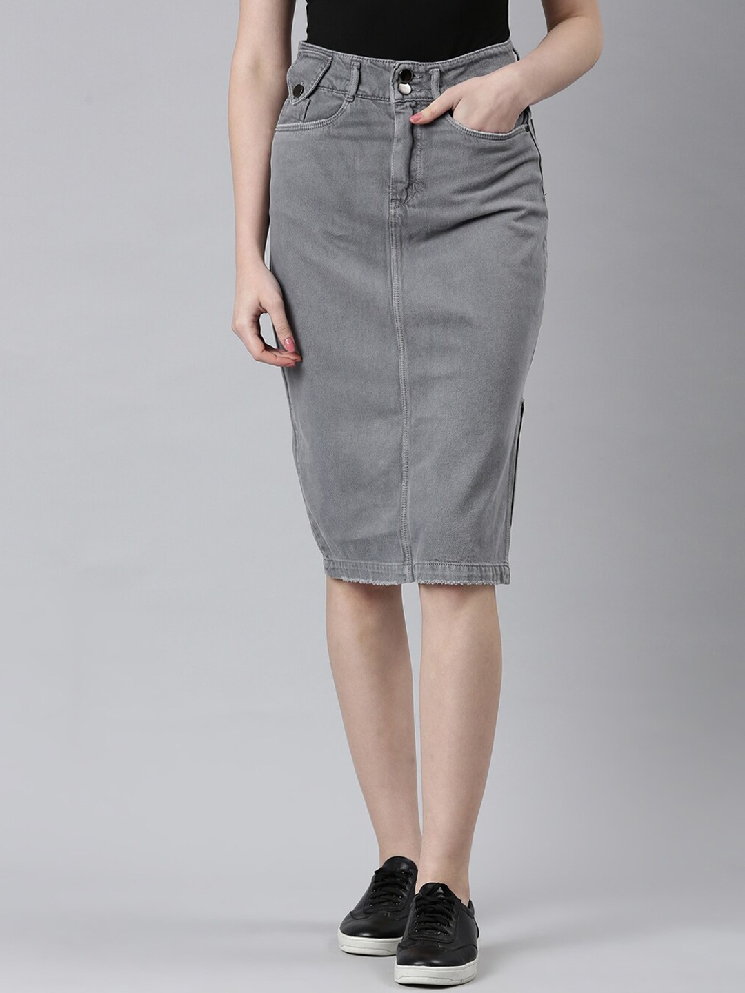 

SHOWOFF Denim A-Line Midi Skirt, Grey