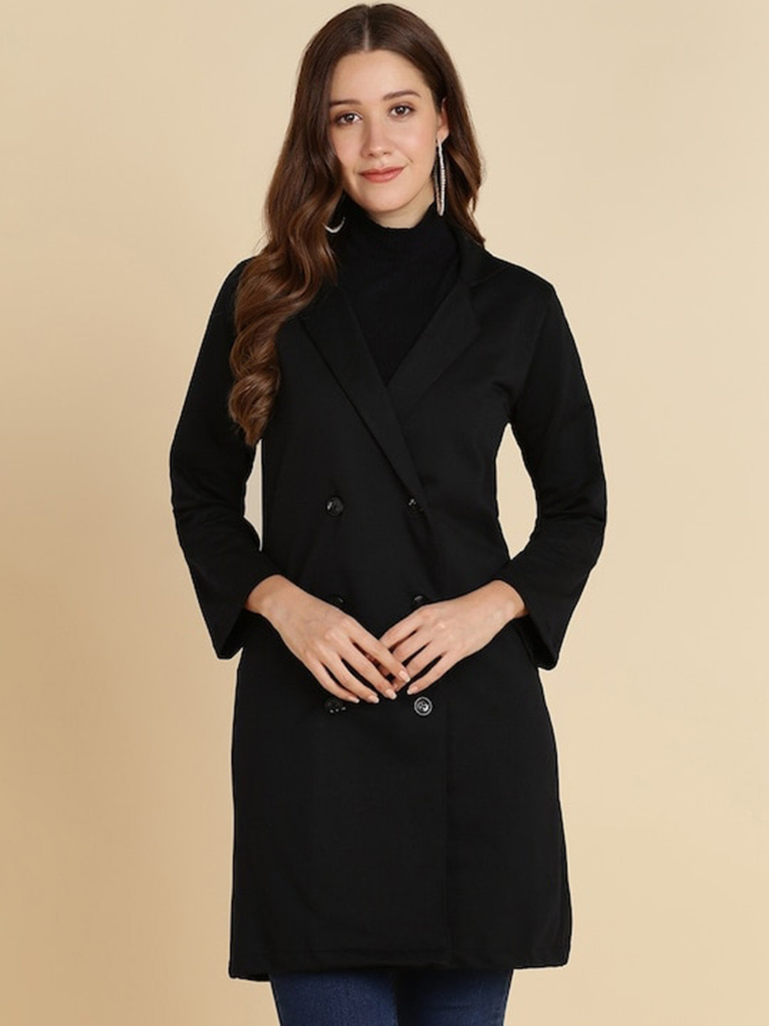 

DressBerry Notched Lapel Double-Breasted Cotton Blazer, Black