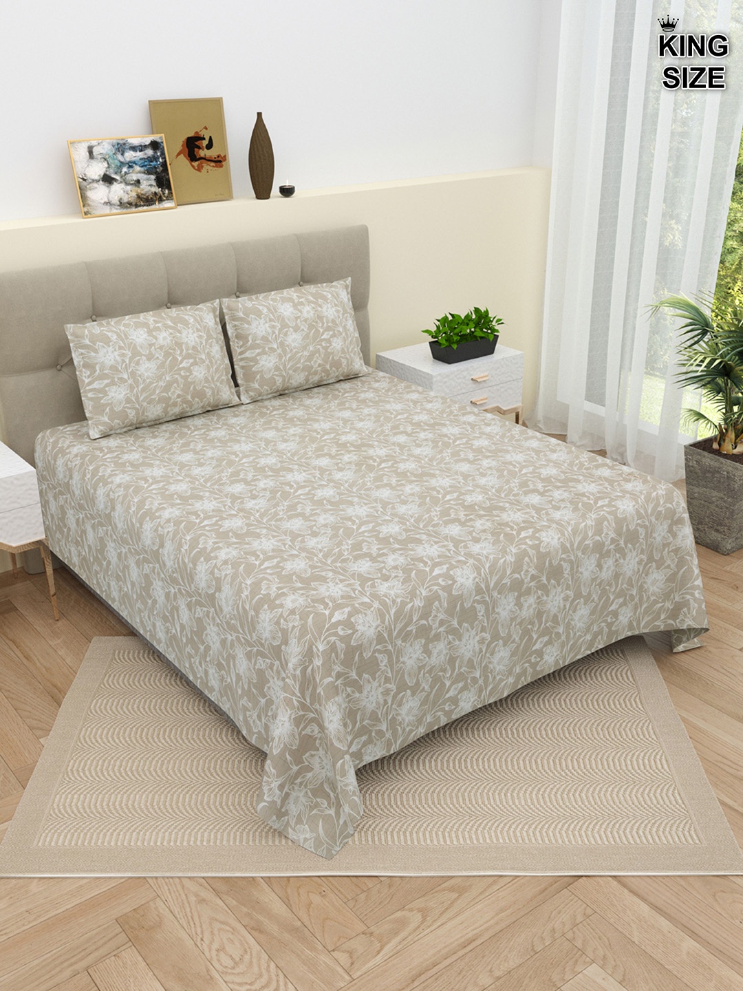 

DREAM WEAVERZ Beige & White Floral Pure Cotton 220 TC King Bedsheet With 2 Pillow Covers