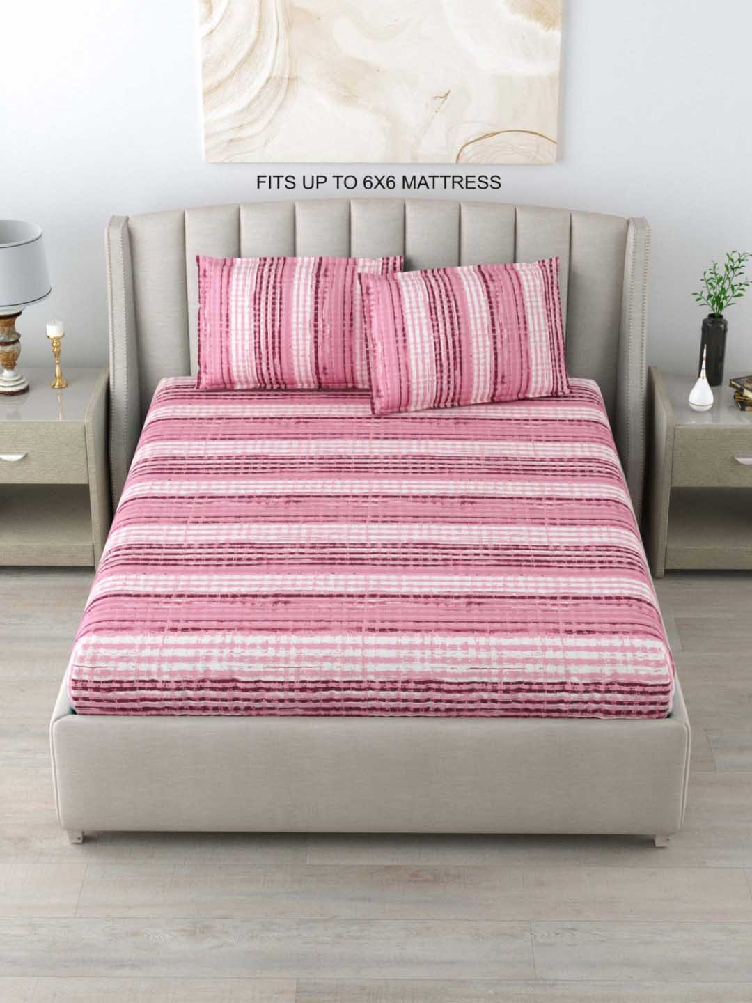 

DREAM WEAVERZ Pink Striped Pure Cotton 220 TC Double Bedsheet With 2 Pillow Covers