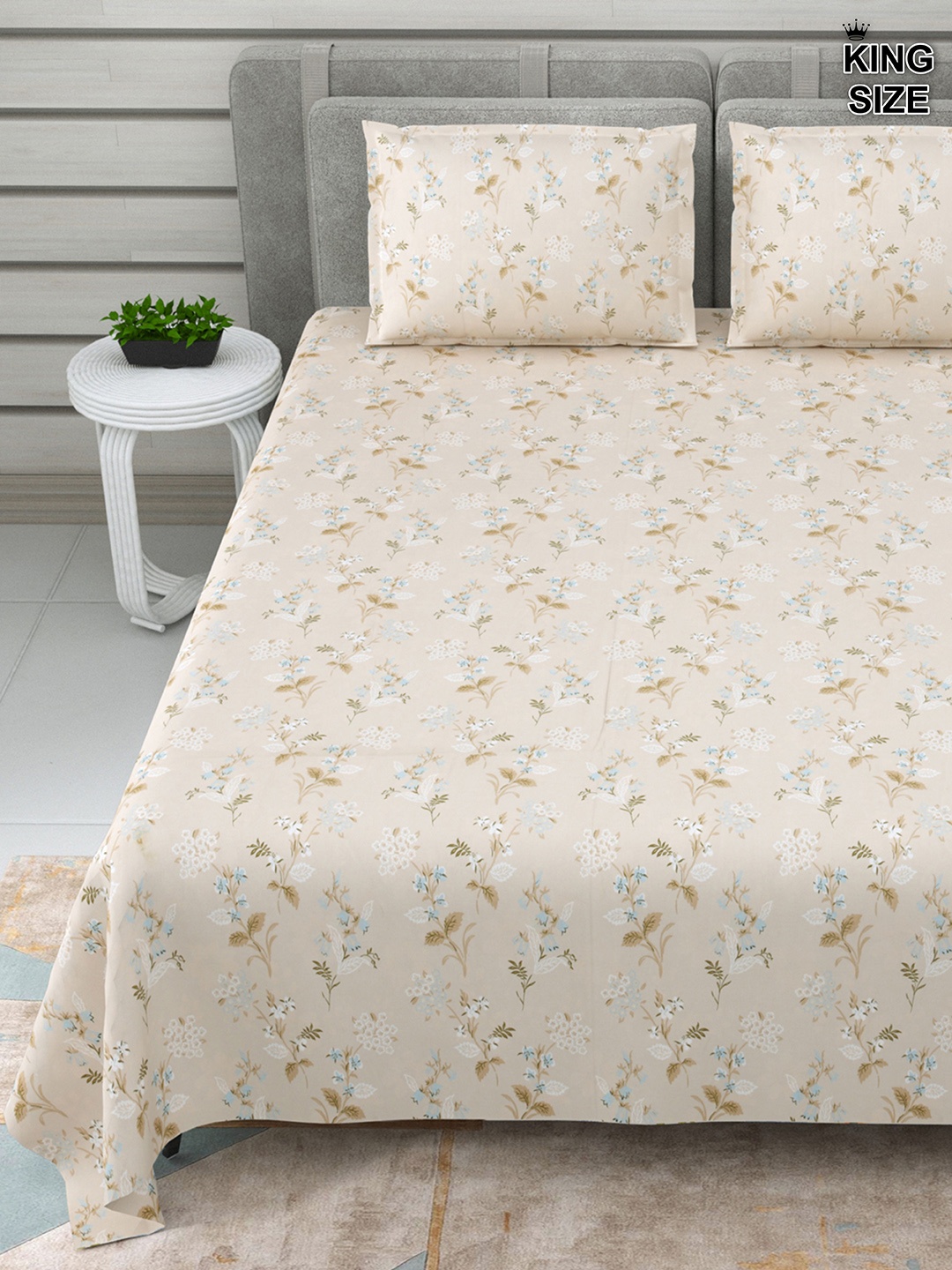 

DREAM WEAVERZ Beige Printed 220 TC Pure Cotton Super King Bedsheet with 2 Pillow Covers