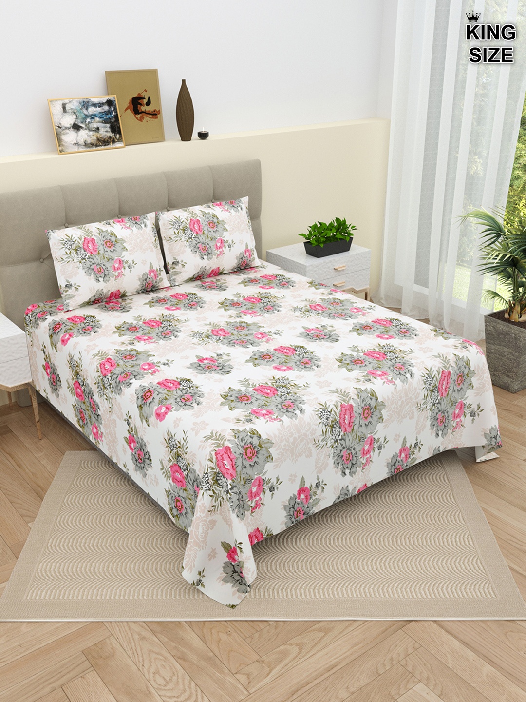 

DREAM WEAVERZ White & Grey Printed Cotton 220 TC King Bedsheet with 2 Pillow Covers