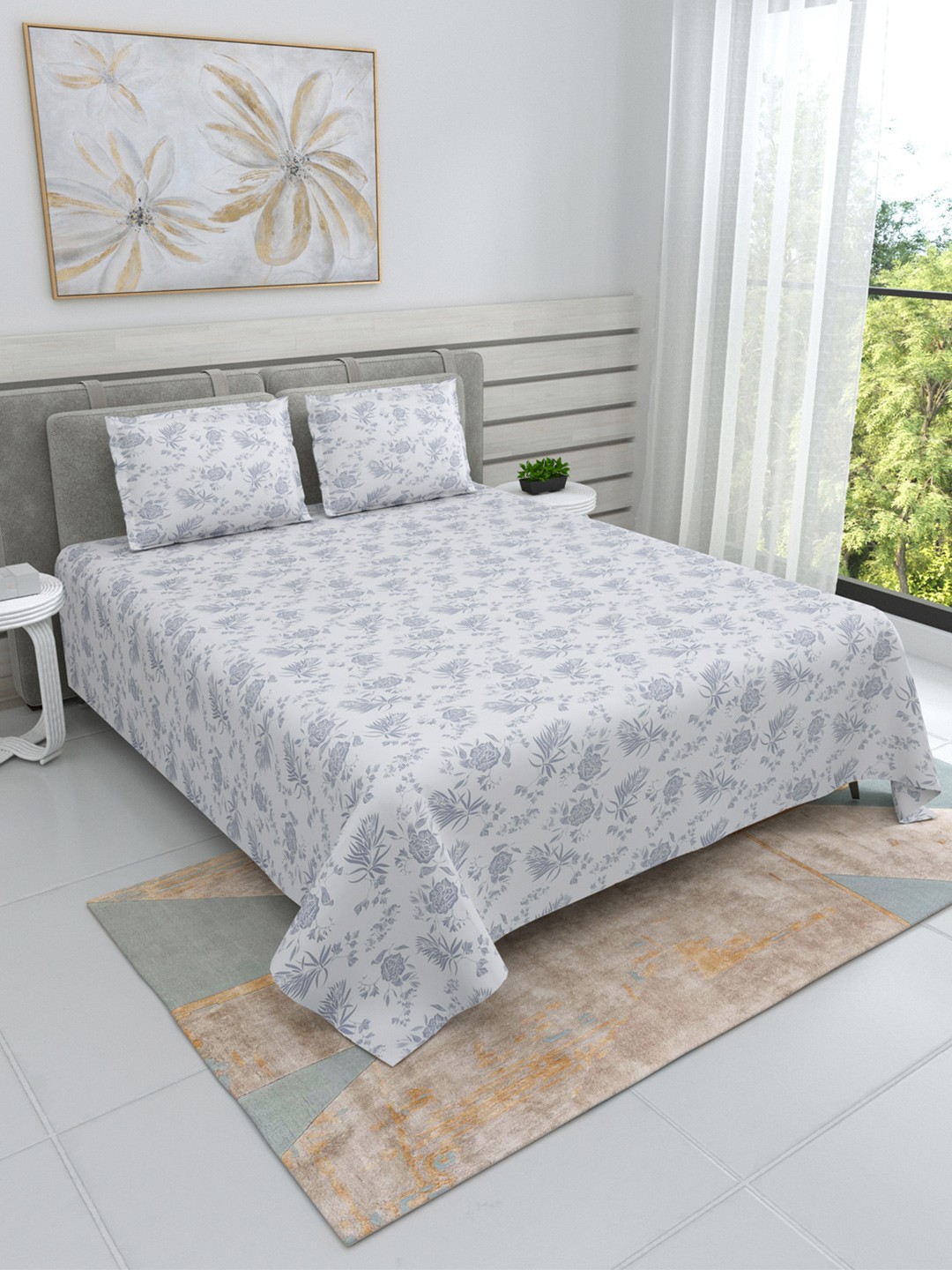 

DREAM WEAVERZ Blue Printed Cotton 220 TC King Bedsheet with 2 Pillow Covers