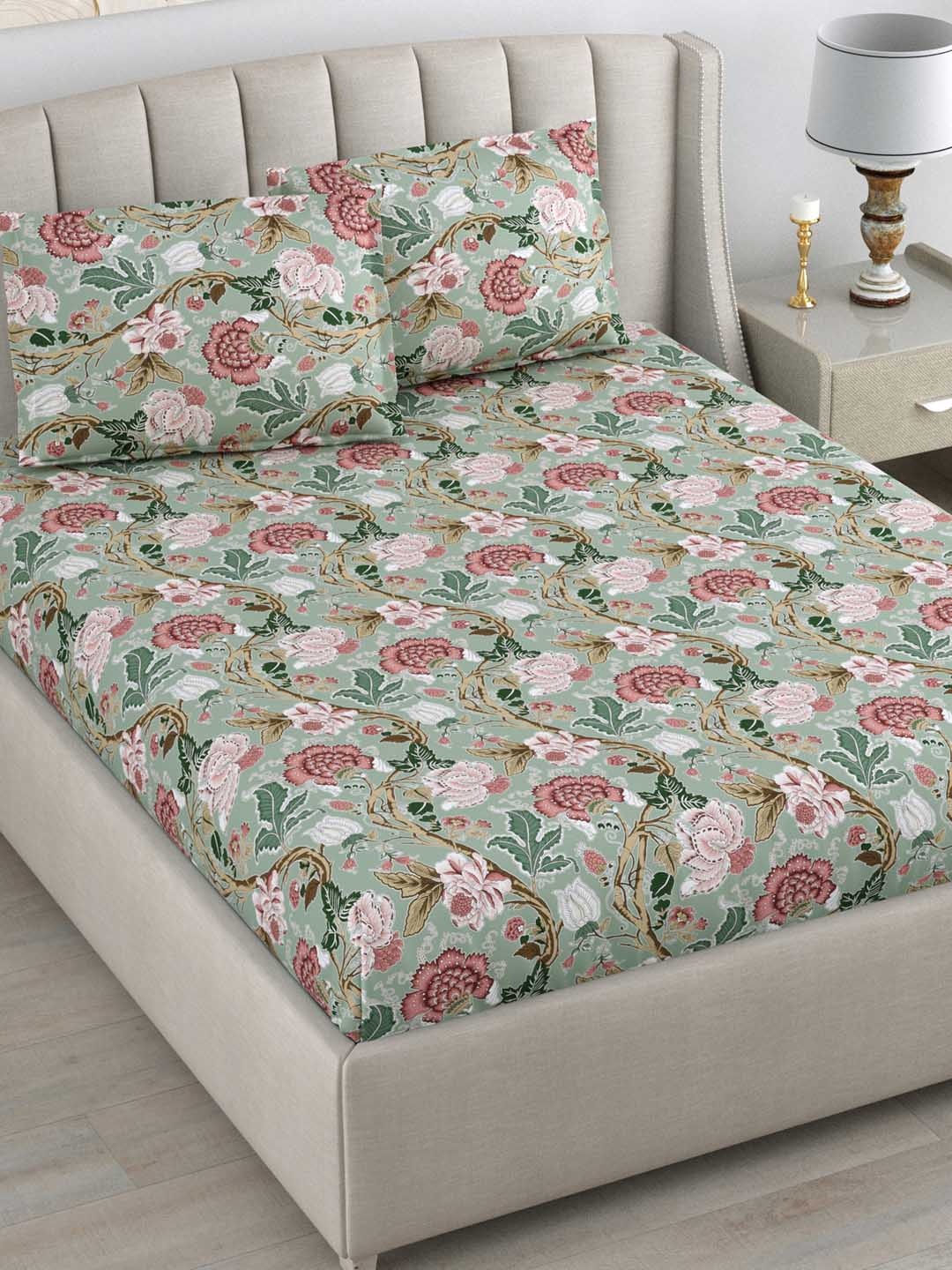 

DREAM WEAVERZ Green & Pink 220 TC Cotton Double Queen Bedsheet with 2 Pillow Covers