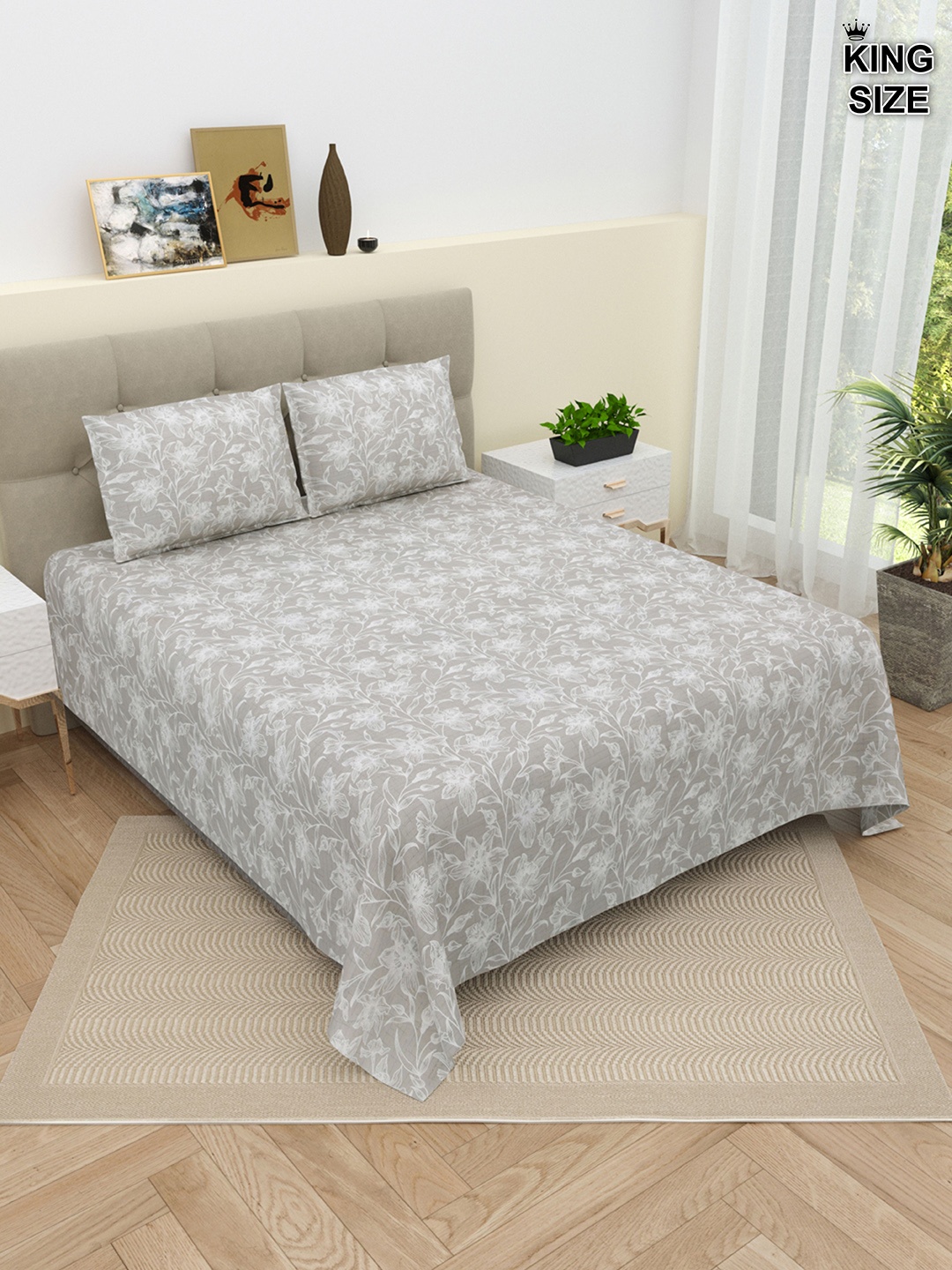 

DREAM WEAVERZ Grey & White Floral Pure Cotton 220 TC King Bedsheet with 2 Pillow Covers