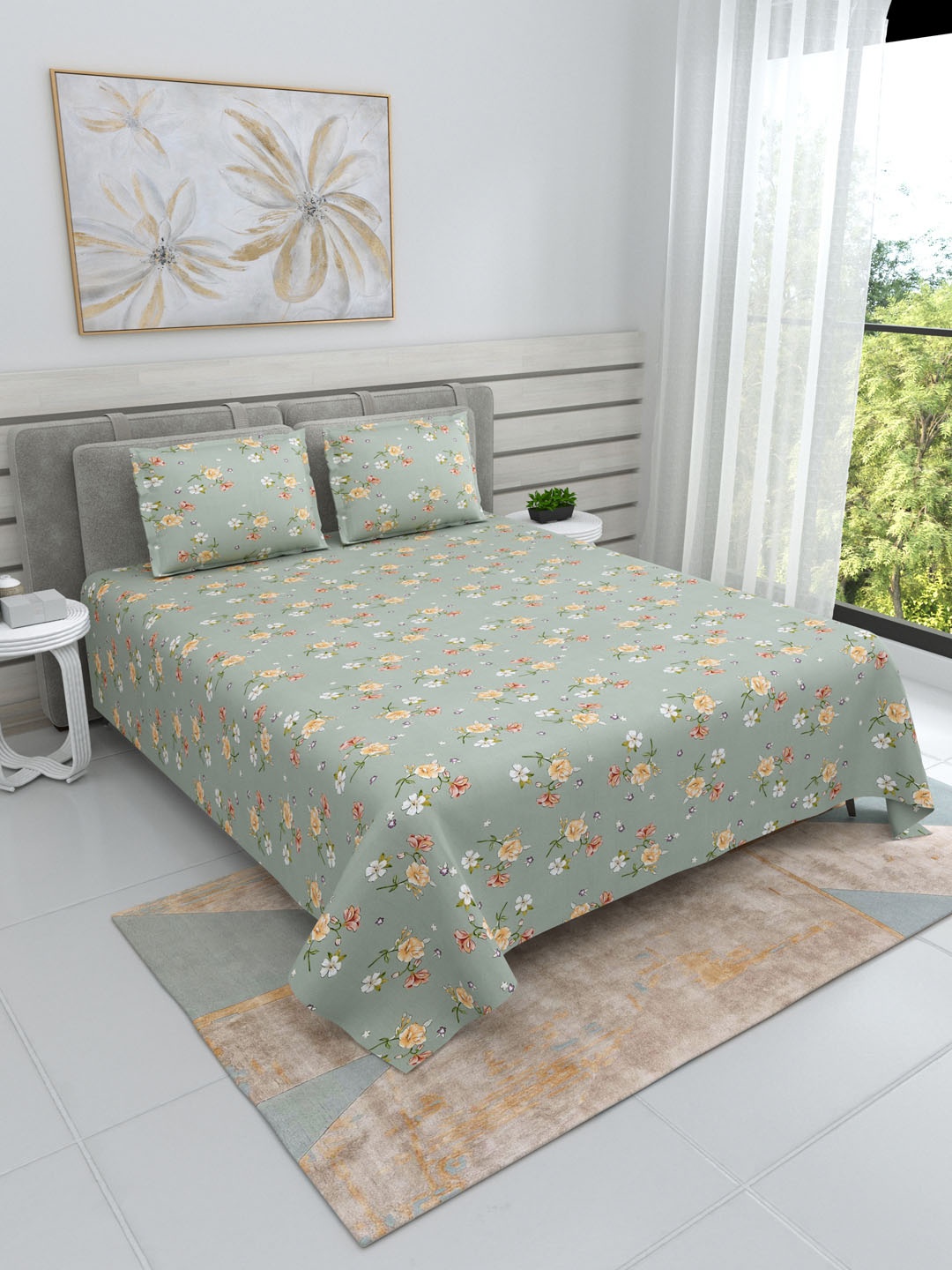 

DREAM WEAVERZ Green & Yellow Floral Pure Cotton 220 TC King Bedsheet with 2 Pillow Covers