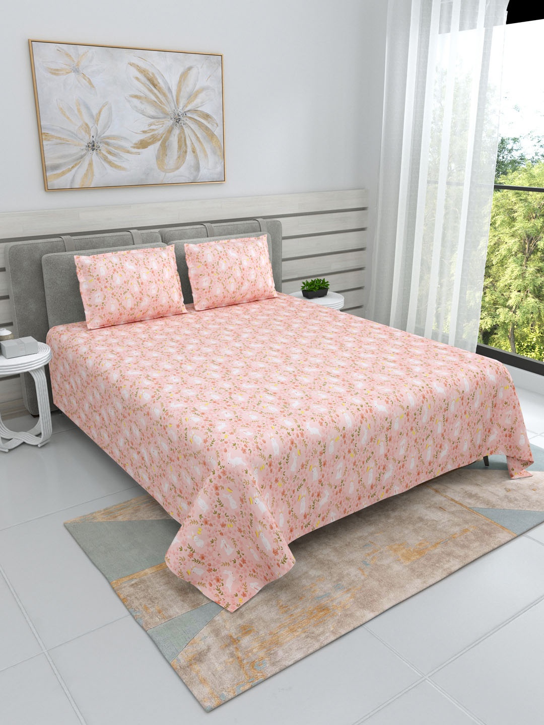 

DREAM WEAVERZ Pink Printed Pure Cotton 220 TC Super King Bedsheet with 2 Pillow Covers