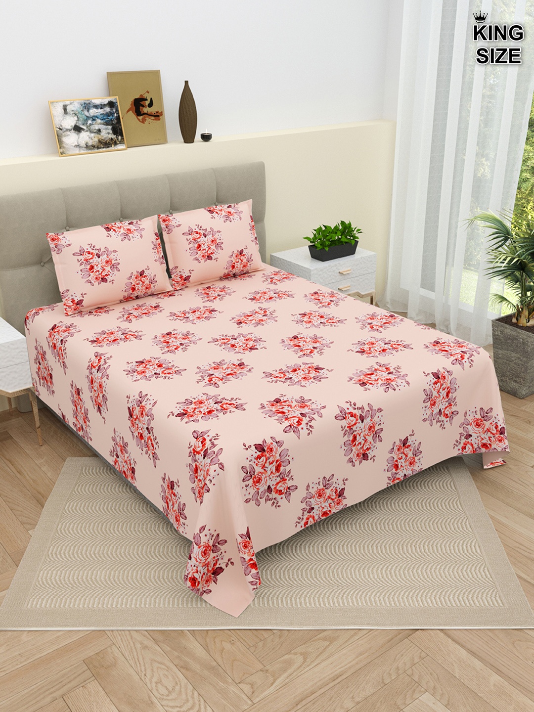 

DREAM WEAVERZ Peach-Coloured Floral Pure Cotton 220 TC King Bedsheet with 2 Pillow Covers