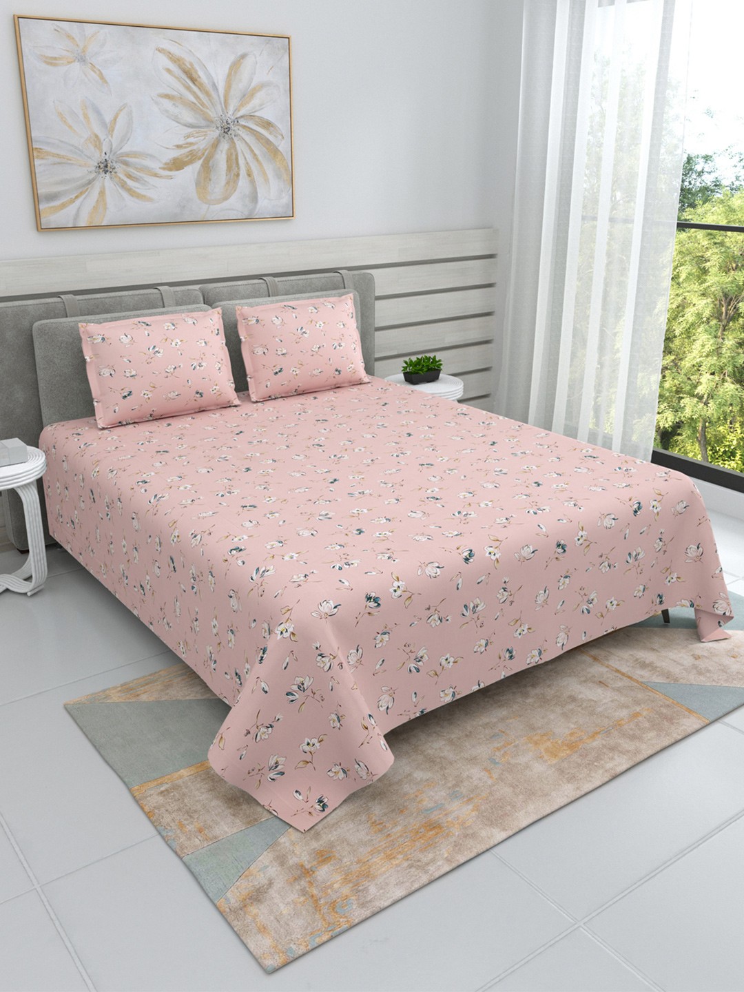 

DREAM WEAVERZ Pink & White Floral Cotton 220 TC King Bedsheet With 2 Pillow Covers