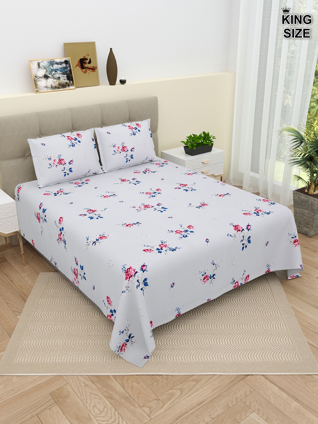 

DREAM WEAVERZ Blue & Red Floral Cotton 220 TC King Bedsheet With 2 Pillow Covers