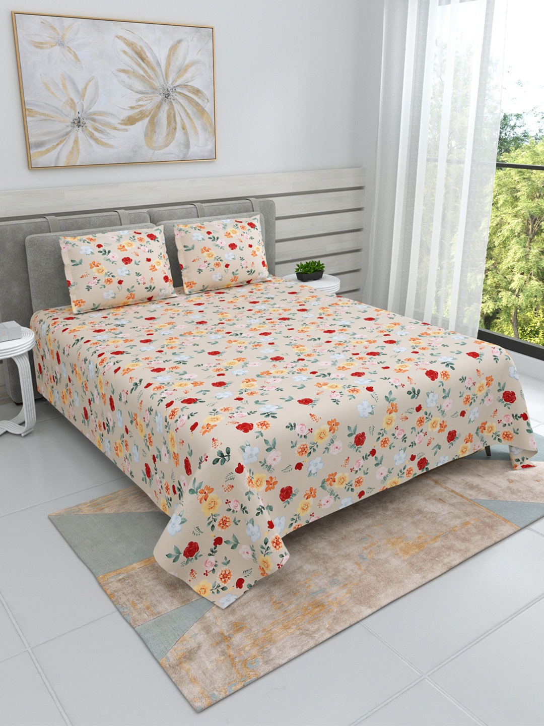 

DREAM WEAVERZ Grey & Orange Floral Cotton 220 TC King Bedsheet with 2 Pillow Covers